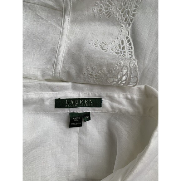 Ralph Lauren Women’s White Linen Button Down With Eylet Handkerchief Cuffs 14W - Picture 7 of 7